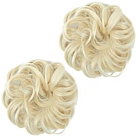 SARLA 2PCS Beach Blonde Updo Messy Bun Hair Hair Piece Synthetic Wavy Curly Scrunchies Ponytail Extension for Women Girls