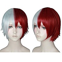 Anogol Wig Cap Half Red Half White Color Wigs Short Red Cosplay Wig Short White Wig For Anime Cosplay Synthetic Hair Half Colo