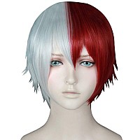 Anogol Wig Cap Half Red Half White Color Wigs Short Red Cosplay Wig Short White Wig For Anime Cosplay Synthetic Hair Half Colo