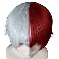 Anogol Wig Cap Half Red Half White Color Wigs Short Red Cosplay Wig Short White Wig For Anime Cosplay Synthetic Hair Half Colo