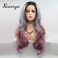 Xiweiya Wigs Long Natural Wave Grey Ombre To Purple Red Hair With Dark Root Middle Part Synthetic Lace Front Wig Glueless Heat R