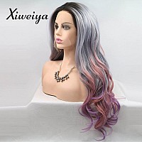 Xiweiya Wigs Long Natural Wave Grey Ombre To Purple Red Hair With Dark Root Middle Part Synthetic Lace Front Wig Glueless Heat R