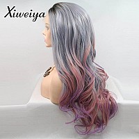 Xiweiya Wigs Long Natural Wave Grey Ombre To Purple Red Hair With Dark Root Middle Part Synthetic Lace Front Wig Glueless Heat R