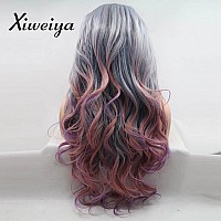 Xiweiya Wigs Long Natural Wave Grey Ombre To Purple Red Hair With Dark Root Middle Part Synthetic Lace Front Wig Glueless Heat R