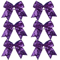 Metallic Sequin And Holographic 8 Inch Cheer Bow Cheerleader Cheerleading Jumbo Cheer Bow Hair Tie Purple Sequin