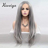 Xiweiya Ombre Platinum Blonde Tips Hair Light Grey Wig Long Silky Straight Synthetic Lace Front Wig Middle Part Heat Resistant F