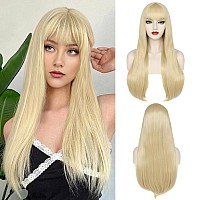 Anogol Wig Cap Long Blonde Wig With Bangs Long Straight Wig For Woman Cosplay Heat Resistant Synthetic Wigs For Daily Use Hallo