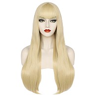 Anogol Wig Cap Long Blonde Wig With Bangs Long Straight Wig For Woman Cosplay Heat Resistant Synthetic Wigs For Daily Use Hallo