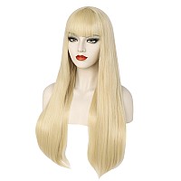 Anogol Wig Cap Long Blonde Wig With Bangs Long Straight Wig For Woman Cosplay Heat Resistant Synthetic Wigs For Daily Use Hallo