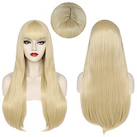 Anogol Wig Cap Long Blonde Wig With Bangs Long Straight Wig For Woman Cosplay Heat Resistant Synthetic Wigs For Daily Use Hallo