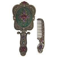 Nerien Antique Mirror Comb Set Vintage Metal Handheld Makeup Mirror With A Comb Russian Style Embossed Rose Hand Mirror Travel P