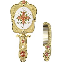 Nerien Antique Mirror Comb Set Vintage Metal Handheld Makeup Mirror With A Comb Russian Style Embossed Rose Hand Mirror Travel P