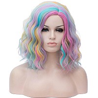 Cying Lin Short Bob Wavy Curly Wig Rainbowcolored Wig For Women Cosplay Halloween Wigs Heat Resistant Bob Party Wig Include Wig