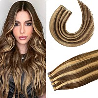 Aison Highlight Chocolate Brown To Caramel Blonde Tape In Hair Extensions Human Hair Extensions Silky Straight For Women 20 Pcs