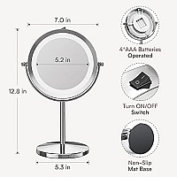 Benbilry Makeup Mirror Vanity Mirror with Lights, 1X10X Magnifying Swivel Vanity Mirror, Lighted Makeup Mirror, Battery Operated, 7 Inch Portable cordless LED Makeup Mirror, Women gift (Silver)