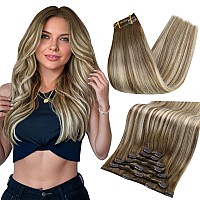 Full Shine Hair Extensions Real Human Hair Clip Ins 14 Inch Chestnut Brown Ombre Brown Mix Platinum Blonde Remy Human Hair Exten