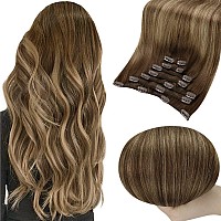 Full Shine Ombre Clip In Hair Extensions Human Hair Clip In Extensions 16Inch Medium Brown To Caramel Blonde With Brown Balayage