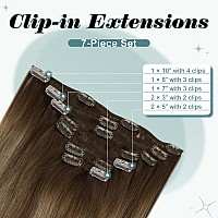 Full Shine Ombre Clip In Hair Extensions Human Hair Clip In Extensions 16Inch Medium Brown To Caramel Blonde With Brown Balayage