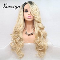 Xiweiya Ombre Light Blonde With Dark Roots Wavy Lace Front Wig Natural Hairline Blonde Synthetic Lace Front Wigs Heat Resistant