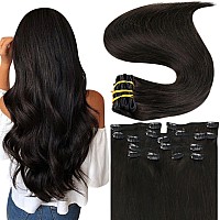 Fshine Clip In Hair Extensions Real Human Hair 16 Inch 100G 7Pcs Natural Black Straight Remy Hair Double Weft Seamless Thick Cl