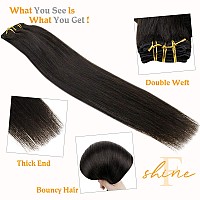 Fshine Clip In Hair Extensions Real Human Hair 16 Inch 100G 7Pcs Natural Black Straight Remy Hair Double Weft Seamless Thick Cl