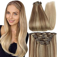 Full Shine Balayage Clip In Hair Extensions Real Human Hair 22 Inch Blonde Human Hair Extensions Clip Ins Golden Brown To Golden