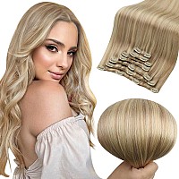 Full Shine Clip in Hair Extensions Real Human Hair Caramel Blonde Mix Light Blonde Remy Clip in Extensions Double Weft Brazilian Clip in Human Hair 120 Grams 7 Pcs 20 Inch