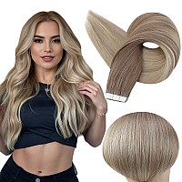 Full Shine Tape In Extensions Human Hair 16 Inch Seamless Skin Weft Tape Hair Balayage Color 8 Ash Brown To 18 Ash Blonde And 60