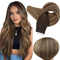 Full Shine Brown Tape In Hair Extensions Human Hair 20 Inch Tape In Extensions 2327 Brown Roots Human Hair 50 Gram 20 Pcs Skin