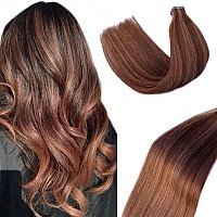 Highlighted Tape In Extensions Human Hair Medium Brown With Medium Auburn Mixed Real Hair Double Sided Adhesive Tape Seamless Sk