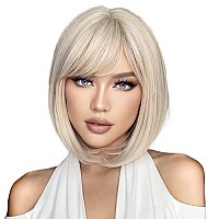 Emmor White Wig With Bangs Short Blonde Bob Wigs For Women Heat Resistant Synthetic Fiber Wigs Creamy Champaign White Natural Lo