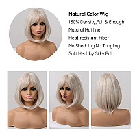 Emmor White Wig With Bangs Short Blonde Bob Wigs For Women Heat Resistant Synthetic Fiber Wigs Creamy Champaign White Natural Lo