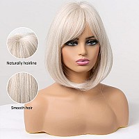 Emmor White Wig With Bangs Short Blonde Bob Wigs For Women Heat Resistant Synthetic Fiber Wigs Creamy Champaign White Natural Lo