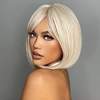 Emmor White Wig With Bangs Short Blonde Bob Wigs For Women Heat Resistant Synthetic Fiber Wigs Creamy Champaign White Natural Lo