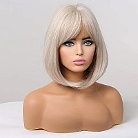 Emmor White Wig With Bangs Short Blonde Bob Wigs For Women Heat Resistant Synthetic Fiber Wigs Creamy Champaign White Natural Lo