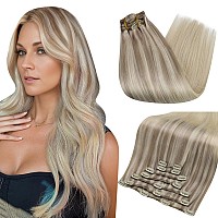 Full Shine Blonde Clip in Hair Extensions Human Hair Ash Blonde Highlights Platinum Blonde Natural Clip in Extensions Double Weft Soft Straight Remy Brazilian Hair 7 Pcs 120 grams 20 Inch