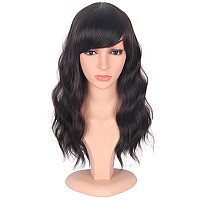 Symeiw Medium Length Dark Brown Wavy Wigs For Women Shoulder Length Brown Wavy Wigs With Bangs Heat Resistant Wigs With Free Wig