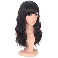 Symeiw Medium Length Dark Brown Wavy Wigs For Women Shoulder Length Brown Wavy Wigs With Bangs Heat Resistant Wigs With Free Wig