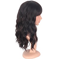 Symeiw Medium Length Dark Brown Wavy Wigs For Women Shoulder Length Brown Wavy Wigs With Bangs Heat Resistant Wigs With Free Wig