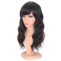 Symeiw Medium Length Dark Brown Wavy Wigs For Women Shoulder Length Brown Wavy Wigs With Bangs Heat Resistant Wigs With Free Wig