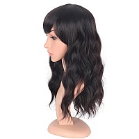 Symeiw Medium Length Dark Brown Wavy Wigs For Women Shoulder Length Brown Wavy Wigs With Bangs Heat Resistant Wigs With Free Wig