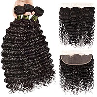 Brazilian Virgin Hair Deep Wave Bundles With Lace Frontal Unprocessed Virgin Human Hair Ear To Ear Lace Frontal With Bundles Cur