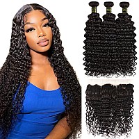 Recifeya Brazilian Deep Wave Lace Frontal With Bundles Virgin Human Hair Deep Curly Bundles Ear To Ear Lace Frontal With Bundles