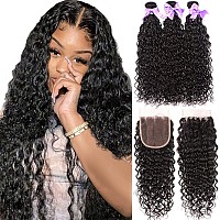 Laritaiya 8A Brazilian Virgin Human Hair Ocean Wave Bundles With Closure Unprocessed Curly Human Hair Bundles 28 28 2820 Wate