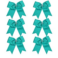 8 Inch Jumbo Cheerleader Bows With Bling Fling Rhinestones Ponytail Holder Cheerleading Bows Hair Tie 6 Pcs College Teal