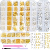 Edittime 5 Boxes Gold Silver Metal Nail 3D Punk Studs Star Moon Heart Triangle Square Rivet Gems Nail Art Jewels With A Curved