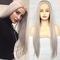 Bluple Silver Blonde Straight Lace Front Wigs Trendy Long Half Hand Tied Wig For Women Heat Resistant Synthetic Hair 22 Inches