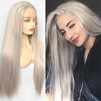 Bluple Silver Blonde Straight Lace Front Wigs Trendy Long Half Hand Tied Wig For Women Heat Resistant Synthetic Hair 22 Inches