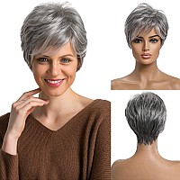 EMMOR Short Grey Human Hair Wigs for Women Natural Pixie Cut Wig, Daily Hair