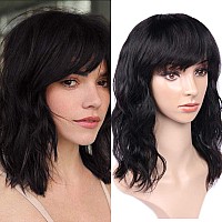 Wignee Womens Natural Black 12 Inch Wavy Human Hair Wig With Bangs